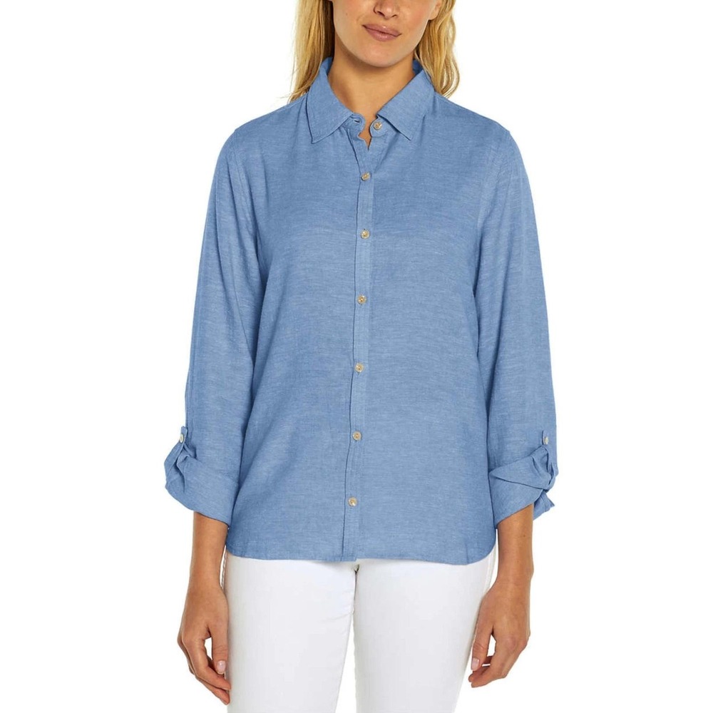 Orvis‎ Women's Collared Linen Blend Long Sleeve Top Button Up Shirt Size Large